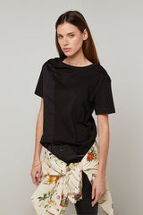 BLACK ROUND-NECK SHORT-SLEEVE COTTON SILK T-SHIRT