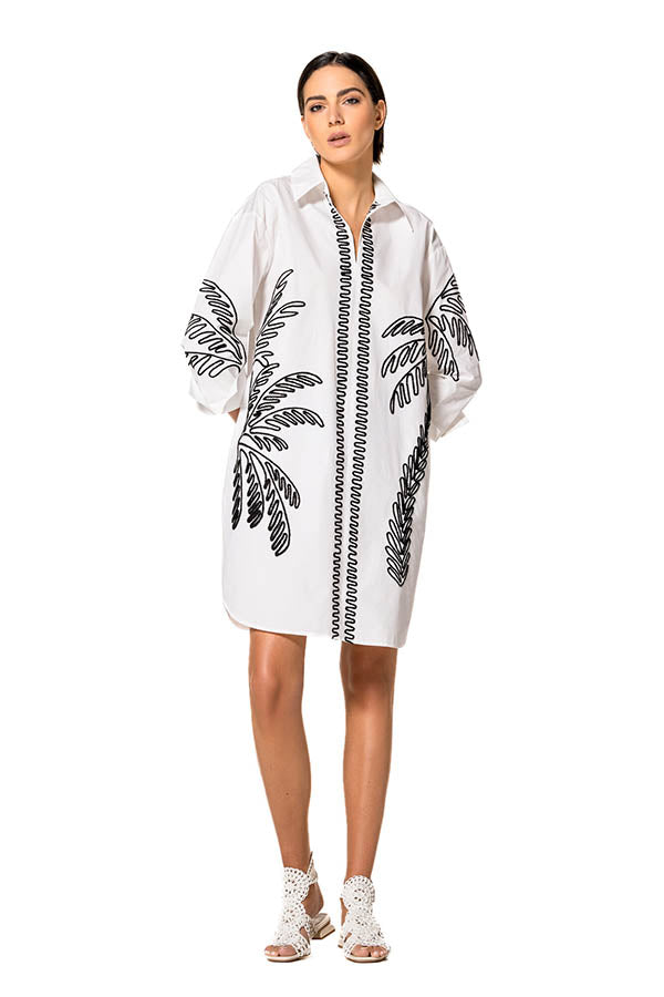 LEAF EMBROIDERED SHORT POPLIN DRESS