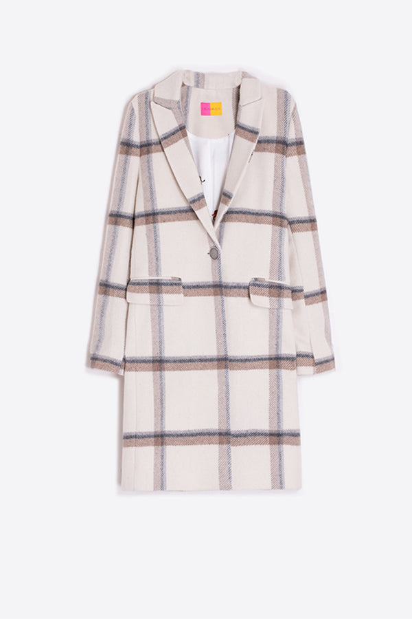 EMBROIDERY ECRU CHECKERED WOOL COAT