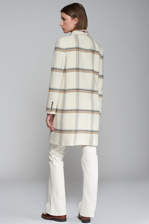 EMBROIDERY ECRU CHECKERED WOOL COAT