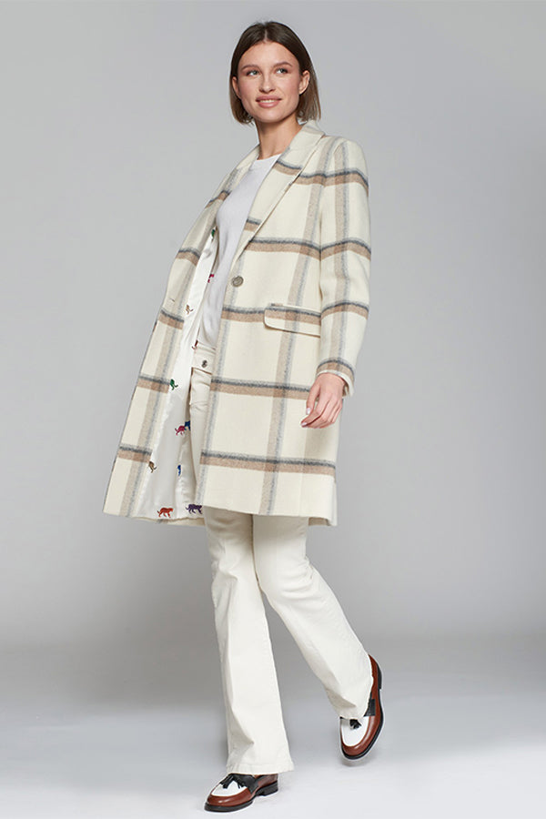 EMBROIDERY ECRU CHECKERED WOOL COAT