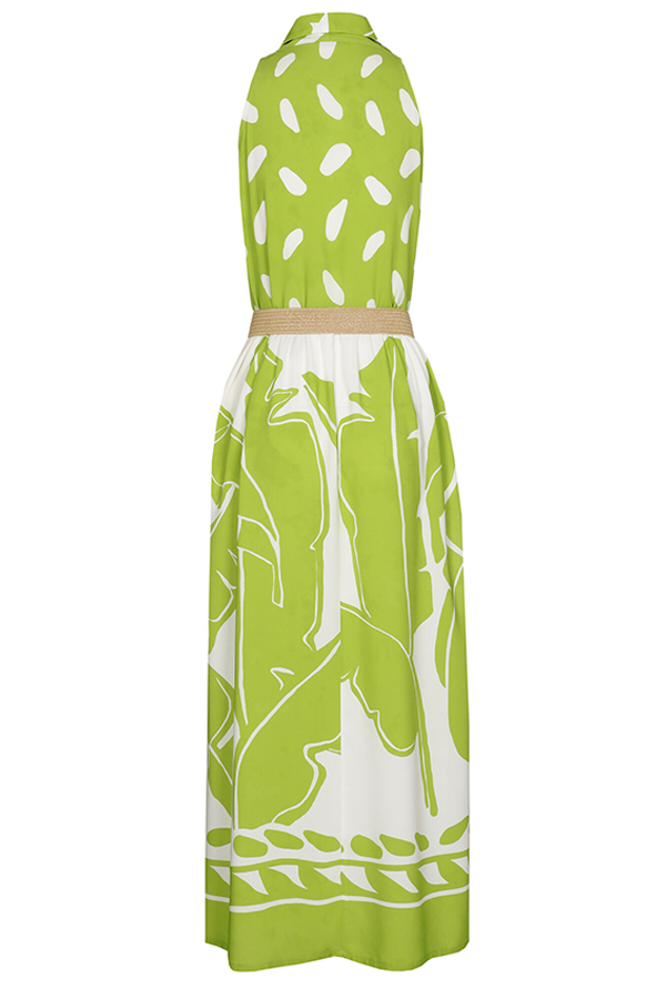 LIME GREEN PRINT LOOSE SHINY DRESS