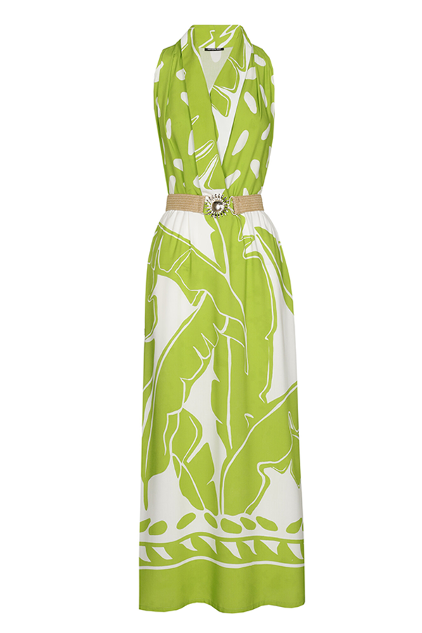 LIME GREEN PRINT LOOSE SHINY DRESS