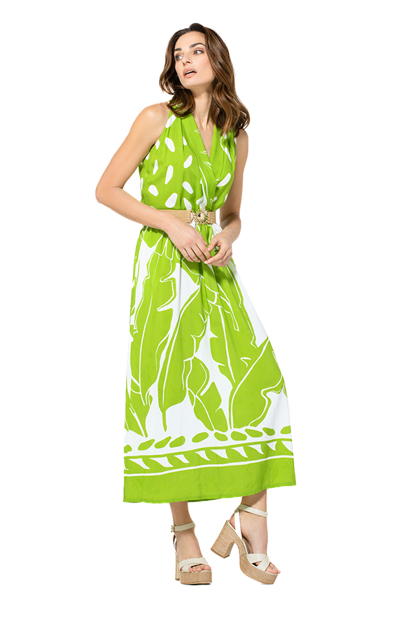 LIME GREEN PRINT LOOSE SHINY DRESS