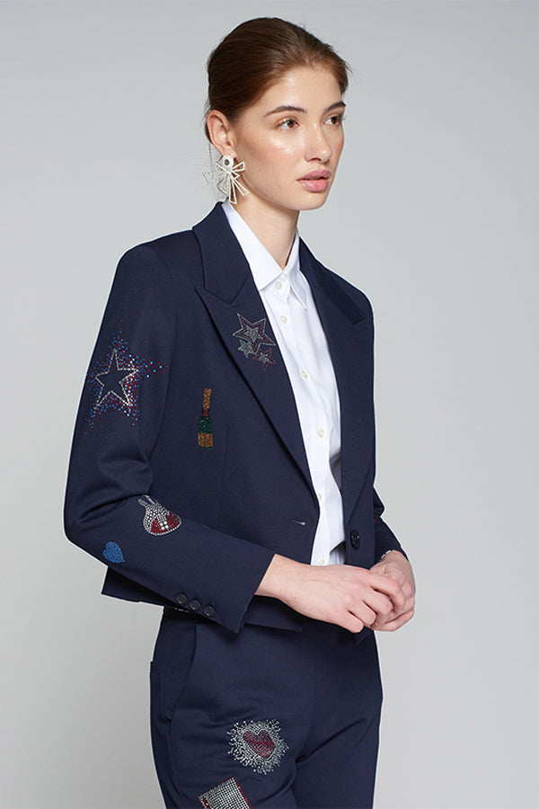 KIMMY STRASS NAVY BLUE KNIT CROP BLAZER