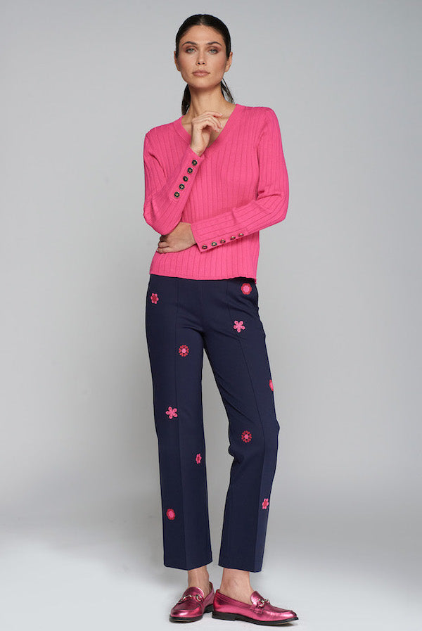 CAROLE EMBROIDERED NAVY STRETCH KNITTED TROUSERS