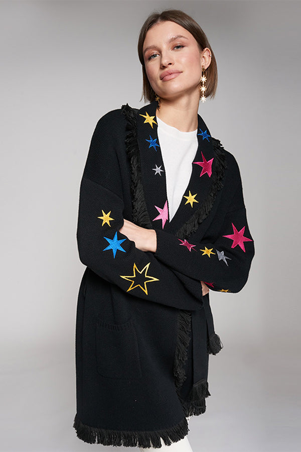 BEATRIZ BLACK EMBROIDERED KNITTED CARDIGAN