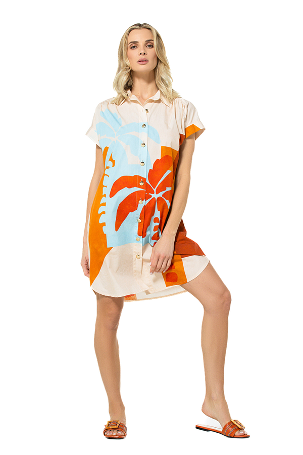 ORANGE PRINT STRAIGHT SHIRT DRESS