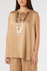 VETUSTA BEIGE SEQUIN EMBROIDERY SATIN TOP