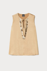 VETUSTA BEIGE SEQUIN EMBROIDERY SATIN TOP