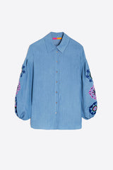 FLORAL EMBROIDERY PUFFED SLEEVE LYOCELL SHIRT