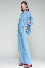 FLORAL EMBROIDERY PUFFED SLEEVE LYOCELL SHIRT