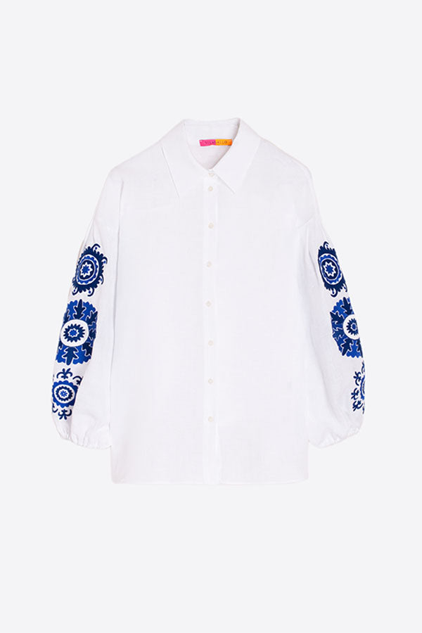 FLORAL EMBROIDERY PUFFED SLEEVE LINEN SHIRT