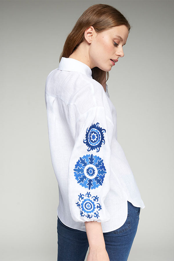 FLORAL EMBROIDERY PUFFED SLEEVE LINEN SHIRT