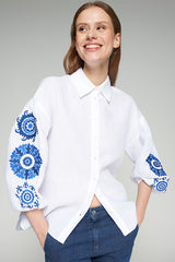 FLORAL EMBROIDERY PUFFED SLEEVE LINEN SHIRT