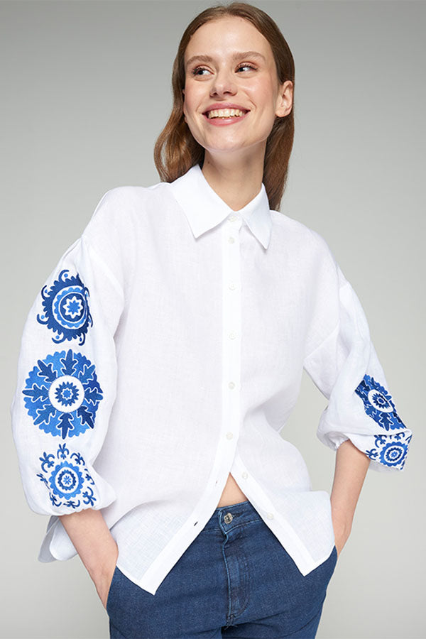 FLORAL EMBROIDERY PUFFED SLEEVE LINEN SHIRT