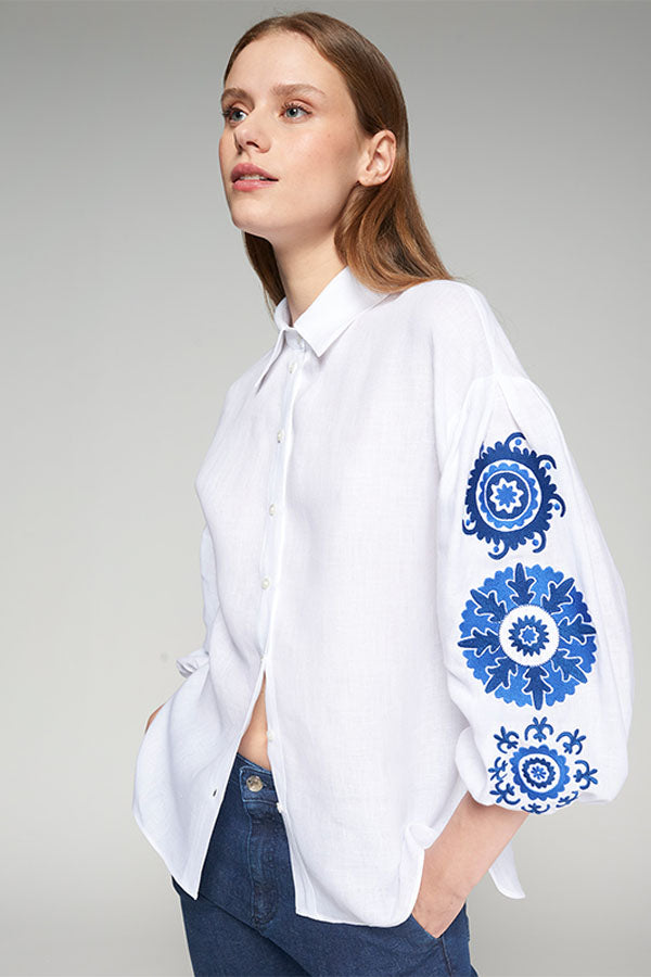 FLORAL EMBROIDERY PUFFED SLEEVE LINEN SHIRT