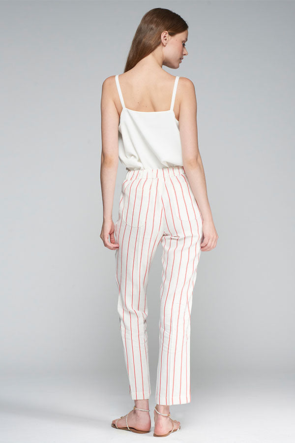 THAIS RED PINSTRIPE LINEN TROUSERS