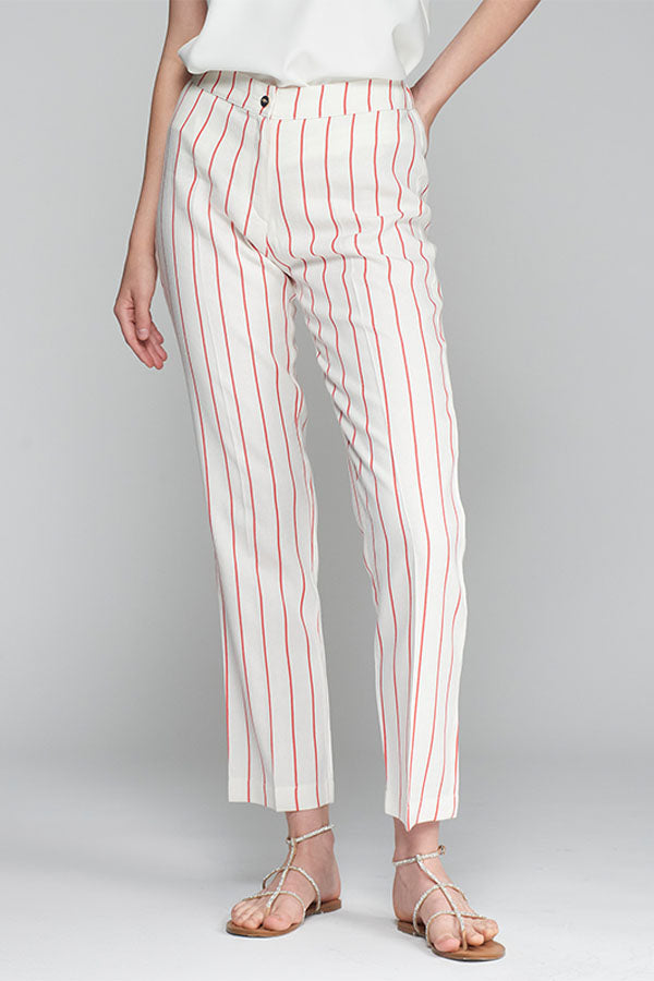 THAIS RED PINSTRIPE LINEN TROUSERS