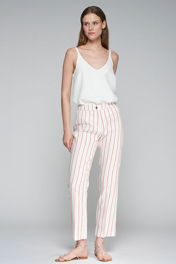 THAIS RED PINSTRIPE LINEN TROUSERS