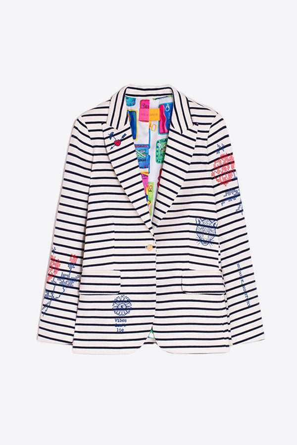 HEATHER EMBROIDERED NAUTICAL BLUE STRIPE BLAZER