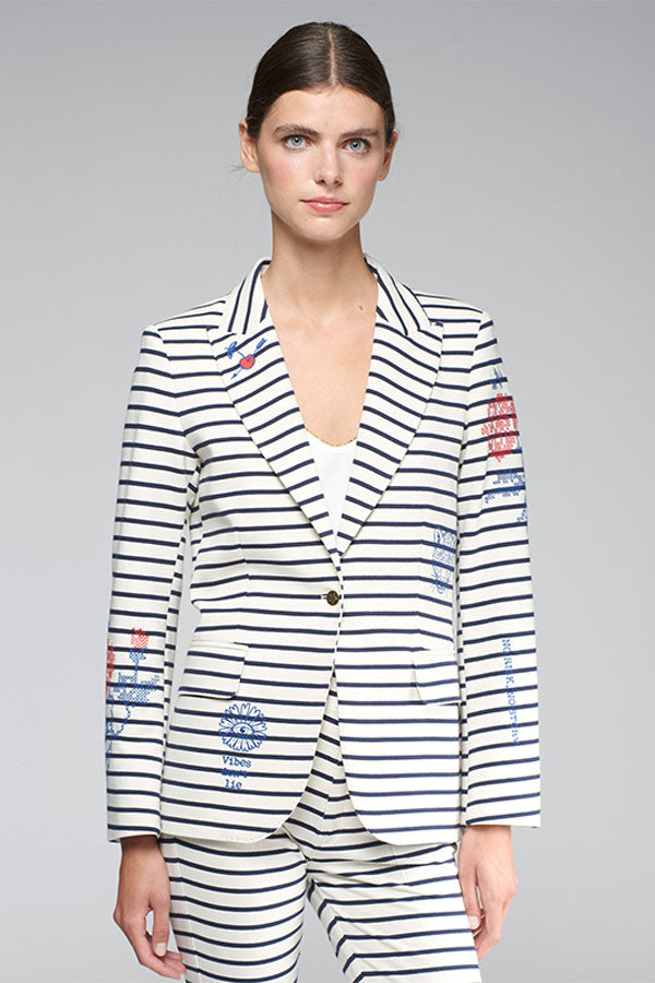 HEATHER EMBROIDERED NAUTICAL BLUE STRIPE BLAZER