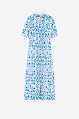 AROA BLUE TILE PRINT LINEN DRESS