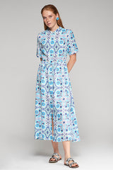 AROA BLUE TILE PRINT LINEN DRESS