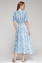 AROA BLUE TILE PRINT LINEN DRESS