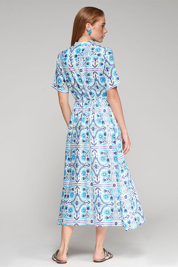 AROA BLUE TILE PRINT LINEN DRESS