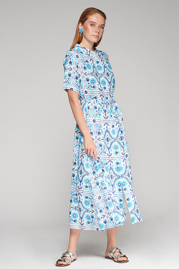 AROA BLUE TILE PRINT LINEN DRESS