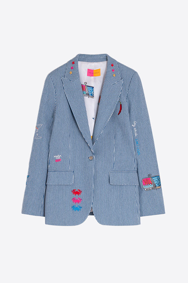 HEATHER EMBROIDERED DENIM BLUE STRIPE BLAZER