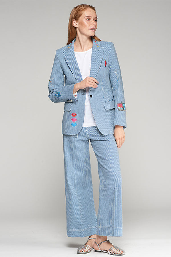 HEATHER EMBROIDERED DENIM BLUE STRIPE BLAZER