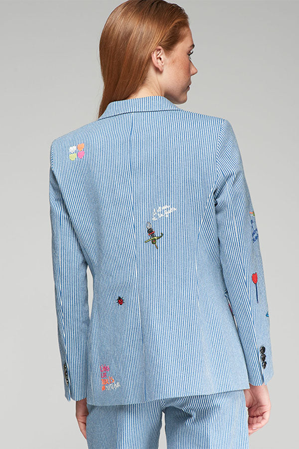 HEATHER EMBROIDERED DENIM BLUE STRIPE BLAZER