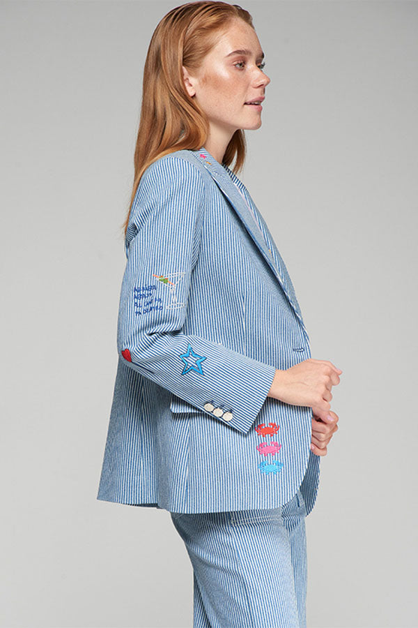 HEATHER EMBROIDERED DENIM BLUE STRIPE BLAZER
