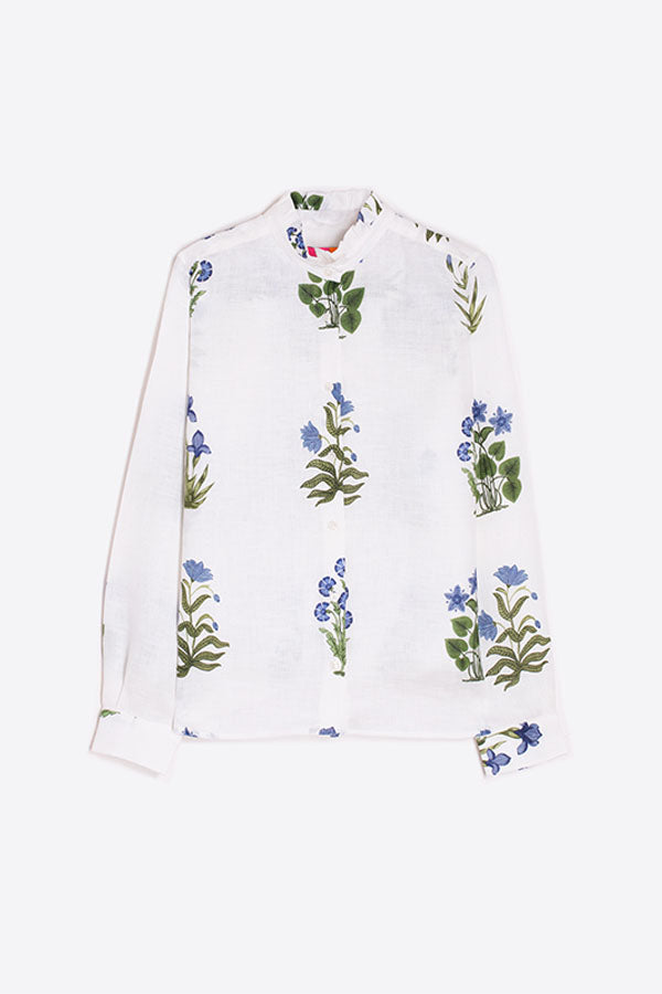 ANDY RUFFLED COLLAR BLUE FLORAL LINEN SHIRT