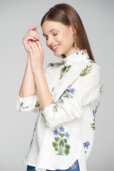 ANDY RUFFLED COLLAR BLUE FLORAL LINEN SHIRT