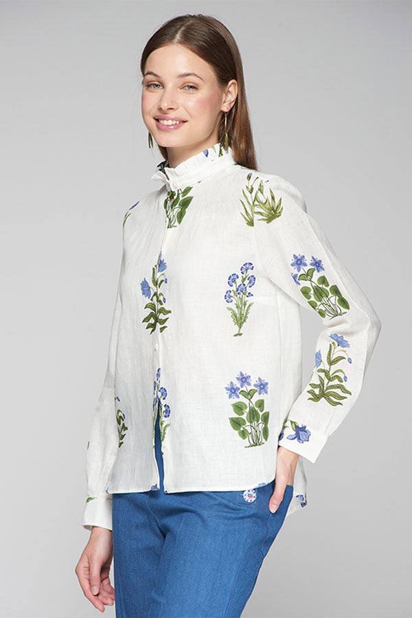 ANDY RUFFLED COLLAR BLUE FLORAL LINEN SHIRT