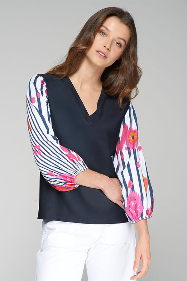 MONICA STRIPED IKAT PRINT SLEEVE T-SHIRT