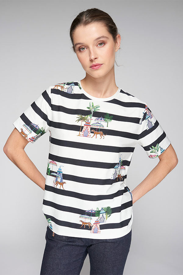 TORA CIRCUS PRINT STRIPED T-SHIRT