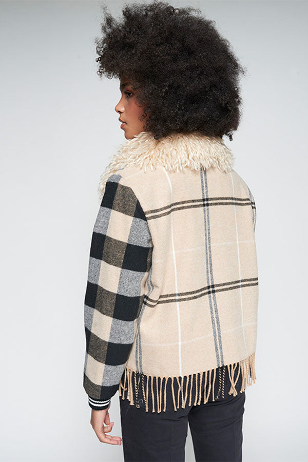 FRINGES CHECKED WOOL BOMBER