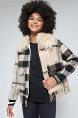 FRINGES CHECKED WOOL BOMBER