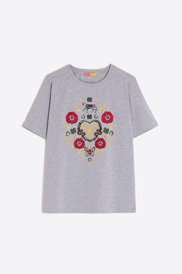 EQUESTRIAN EMBROIDERY GREY T-SHIRT