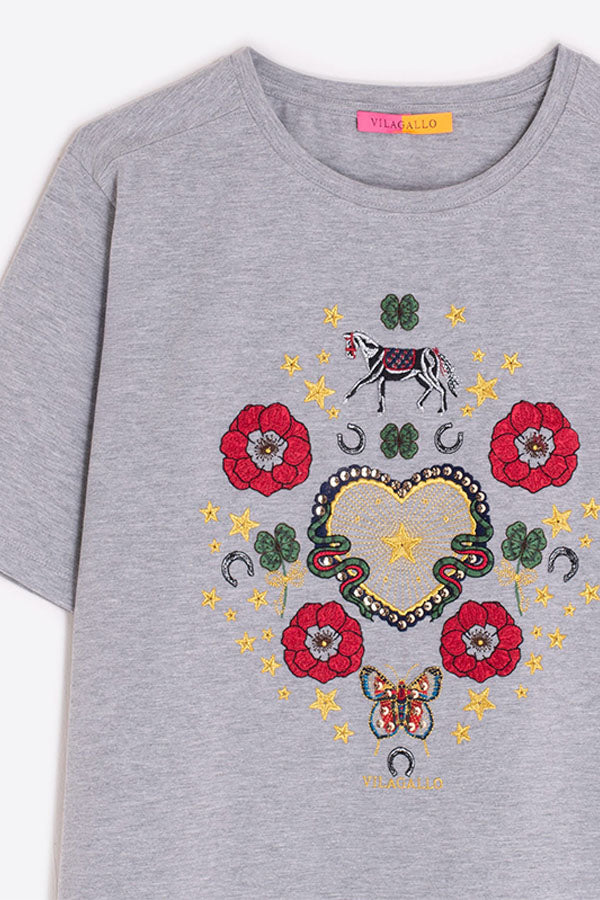 EQUESTRIAN EMBROIDERY GREY T-SHIRT