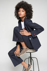 SILVER STRIPE STRAIGHT NAVY TROUSERS