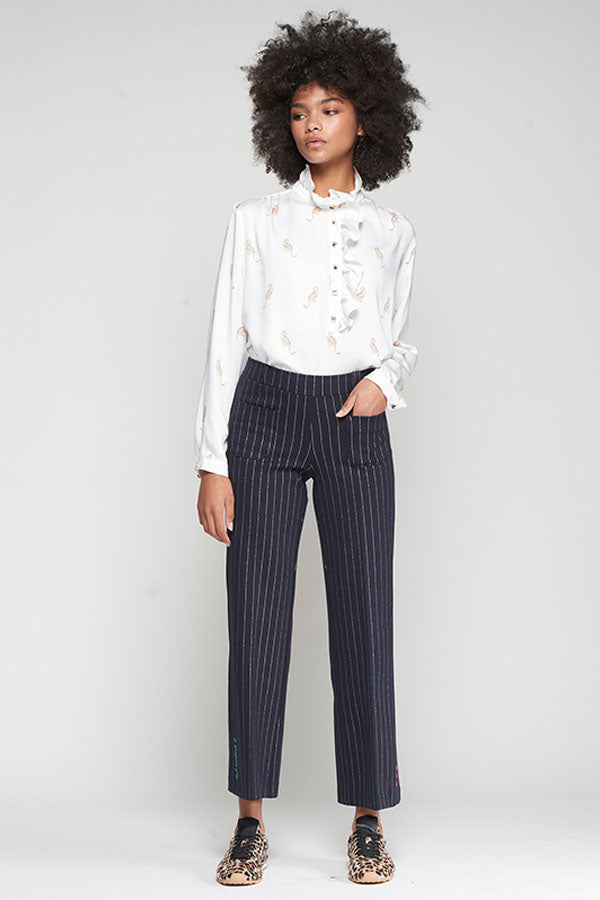 SILVER STRIPE STRAIGHT NAVY TROUSERS