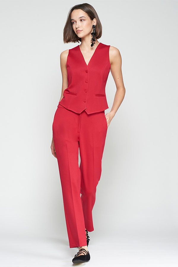 RED STRUCTURED STRAIGHT-LEG TROUSERS