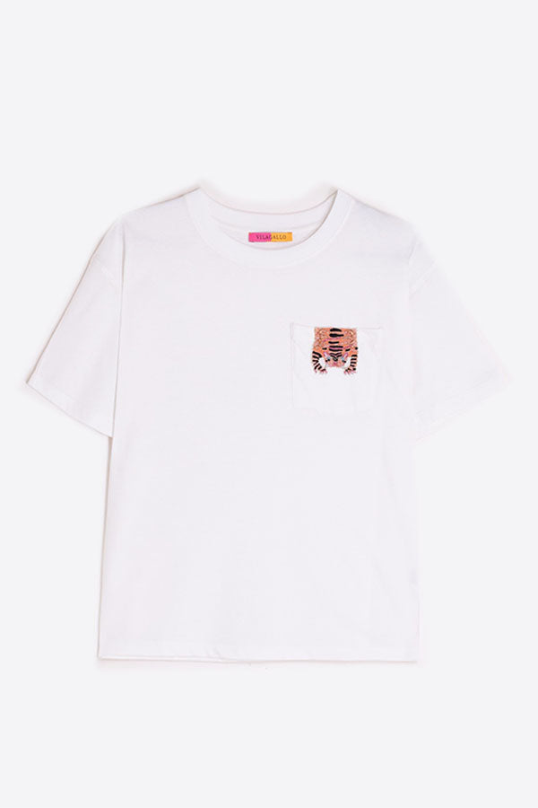 TIGER EMBROIDERY WHITE T-SHIRT