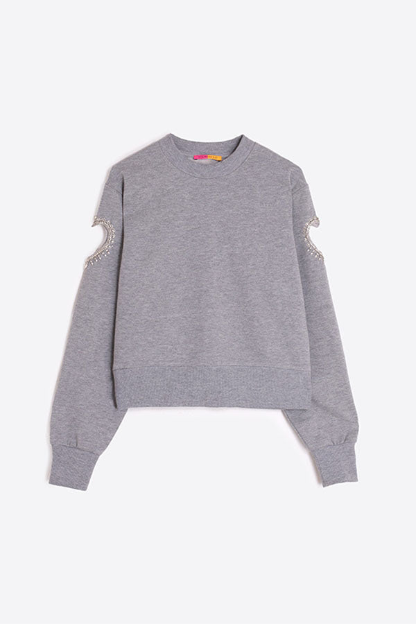 HEART CUT-OUT BEADING GREY SWEATSHIRT