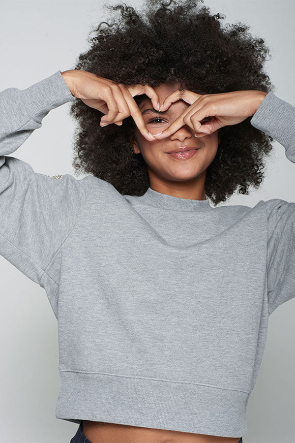 HEART CUT-OUT BEADING GREY SWEATSHIRT